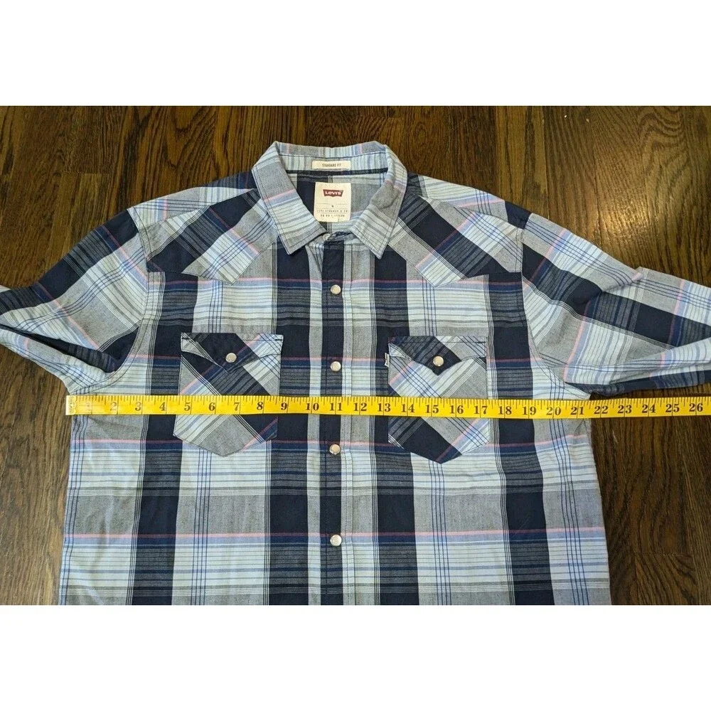 Levi's Pearl Snap Button Down Shirt Men's M Blue Pink Plaid Cowboy Western Rodeo